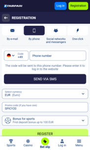 FairPari Casino Screen Reg