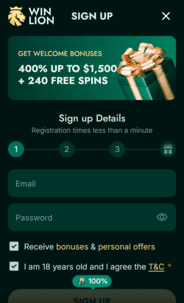 Winlion Casino Registration Screenshot
