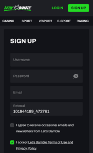 Lets' Bamble Casino Registration Screenshot
