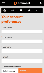 Optimbet Casino registration screenshot
