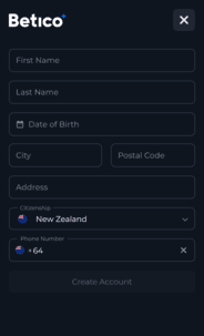 Betico Casino Registration Screenshot 1