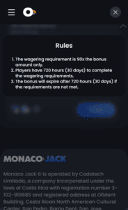 Monacojack casino terms screenshot