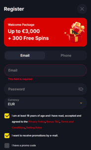 Yep Casino Registration Screenshot