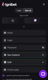 Ignibet Casino Registration Screenshot
