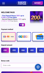 Europe Fortune Casino Deposit Screenshot