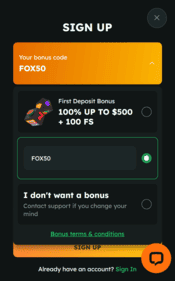 Foxslots Casino Promo Code Screenshot