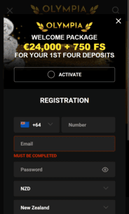 Olympia Casino Registration Screenshot
