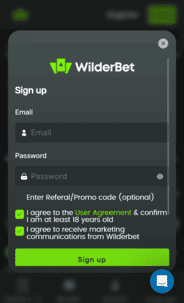 Wilderbet Casino Registration Screenshot