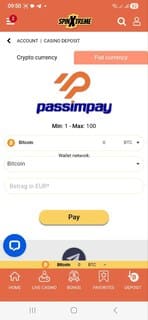 spinXtreme casino crypto deposit screenshot