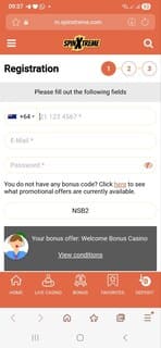 SpinXtreme Casino Registration Screenshot