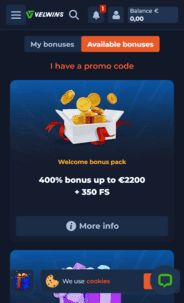 Velwins Casino Deposit Screenshot