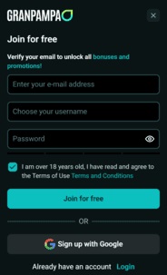 Granpampa Casino Reg Screen