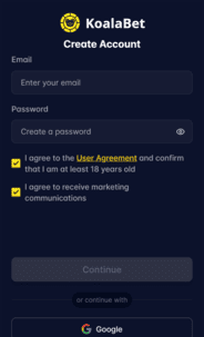 KoalaBet Casino Reg Screen