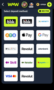 WatchMeWin Casino Deposit Screen