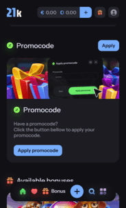 21kCasino Promo Screen
