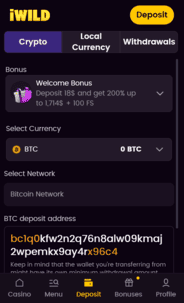 iwild Casino Crypto Deposit Screen