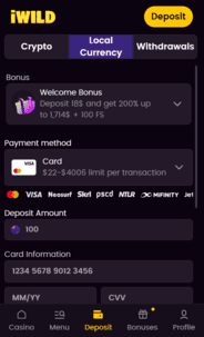 iwild Casino Deposit Screen