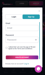 MagicianBet Casino Reg Screen