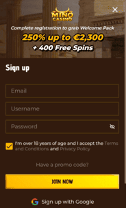 Mino Casino registration screen