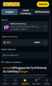 Snatch Casino Crypto Deposit Screen