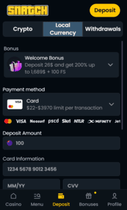Snatch Casino Deposit Screen
