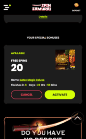 Spin Samurai Casino: 20 Free Spins No Deposit Bonus