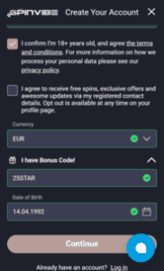SpinVibe Casino promocode Screen