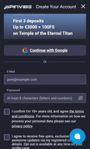 Spinvibe Casino Reg Screen