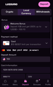 Lussurio Casino Deposit Screen