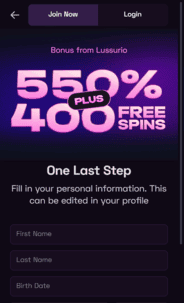 Lussurio Casino Profile Screen