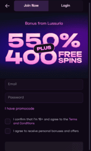 Lussurio Casino Reg Screen