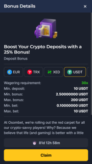 Osombet Casino Bonus Claim screen