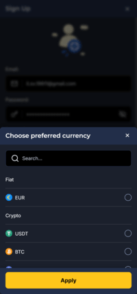 Osombet Casino Currency Selection Screen