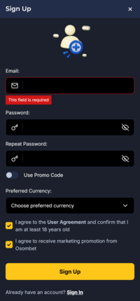Osombet Casino Signup Screen