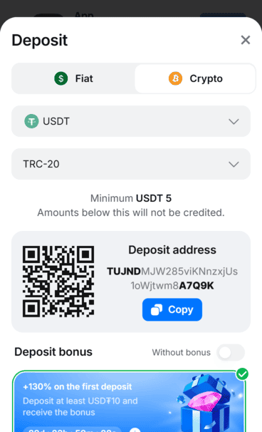 1win casino crypto deposit screenshot