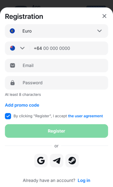 1win casino registration screenshot