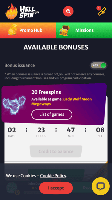 HellSpin Casino Bonus Screen 