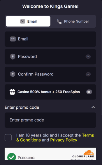 Kings.Game Casino registration screenshot