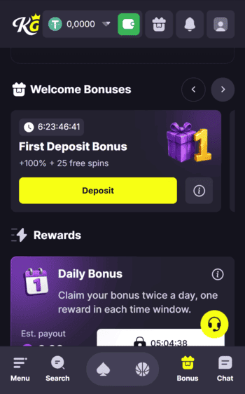 Kings.Game Casino welcome bonus Screenshot