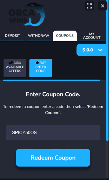 orcaspins_casino_coupon_screenshot Orca Spins Casino coupon code screenshot