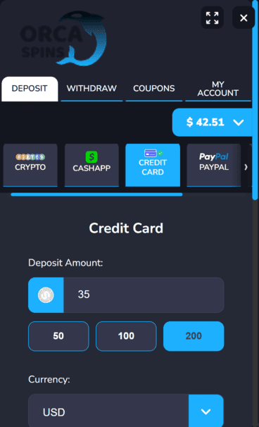 Orca Spins Casino deposit screenshot