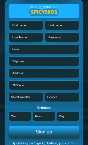 orcaspins_casino_signup_screenshot Orca Spins Casino sign up screenshot