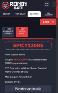 ronin slots casino bonus screenshot