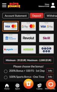 slotsdynamite casino banking screenshot