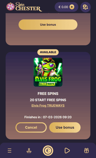 Spinchester Casino no deposit bonus screenshot