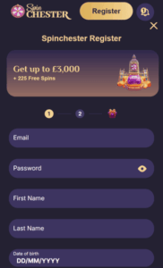 Spinchester Casino Registration screenshot
