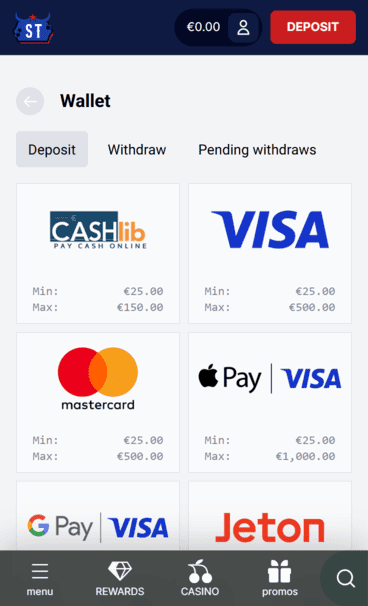 SpinTexas Casino Deposit Screenshot