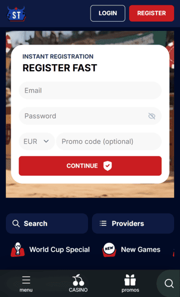 SpinTexas Casino Registration Screenshot