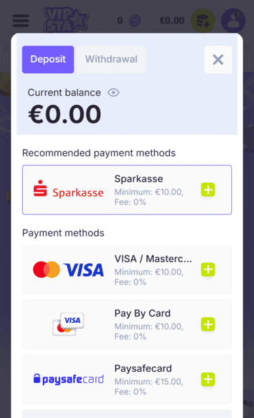 Vipsta Casino Deposit Screenshot