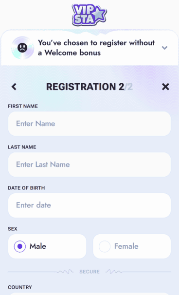 Vipsta Casino profile screenshot